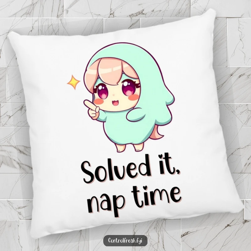 Funny pillow showcasing a character with a bright gleam, pointing to a perfect solution, offering comfort and a touch of intellectual charm. A cozy and humorous item.