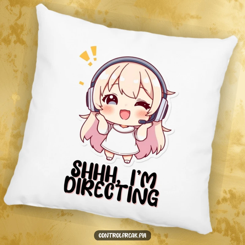 Funny pillow with a character wearing a headset giving enthusiastic, precise instructions, for cozy and informative decor.