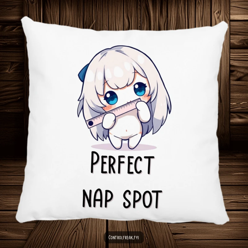 Funny character pillow with a soft texture and a design of a character using a tiny ruler to measure an edge, a comfortable and humorous decor item.