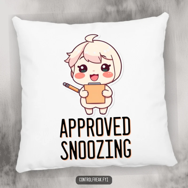 Funny pillow featuring a cheerful character holding a clipboard and pen, looking very pleased, adding comfort and humor to any room.