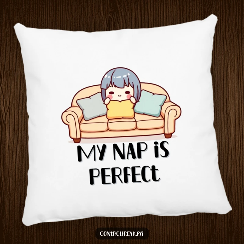 Funny cute character aligning sofa pillows, featured on a soft and comfortable pillow.