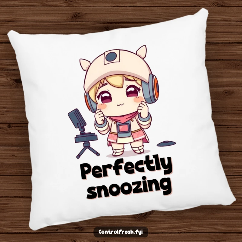 Funny pillow featuring a character with a satisfied smirk, adjusting perfectly aligned items, offering comfort with a humorous touch of perfection.