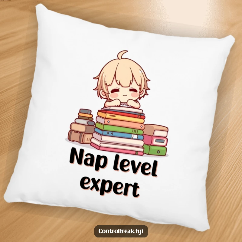 Funny pillow with a character stacking items perfectly, bringing organized joy and comfort to any couch or bed.