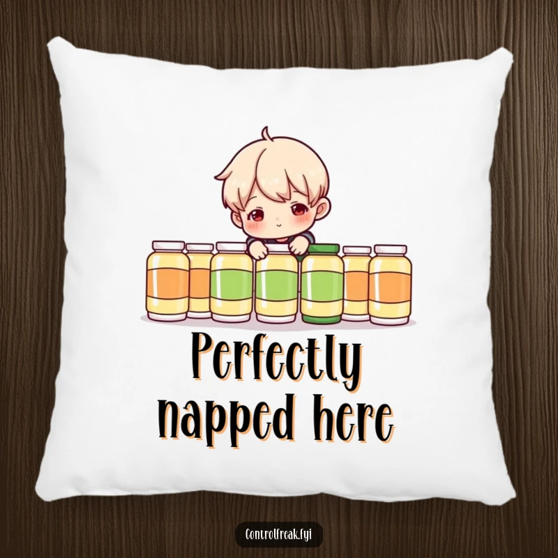 Funny Pillow: Character humorously adjusting a perfectly aligned row of items, perfect for cozying up with a laugh.