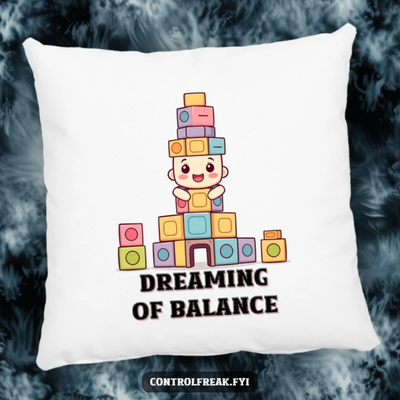 Funny pillow with a happy character building a perfectly symmetrical tower of blocks, for cozy and balanced decor.