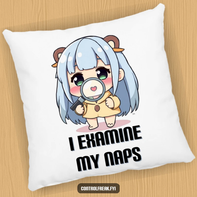 Funny Pillow: Character intently examining a small detail with a magnifying glass, adding comfort and humor to any room.