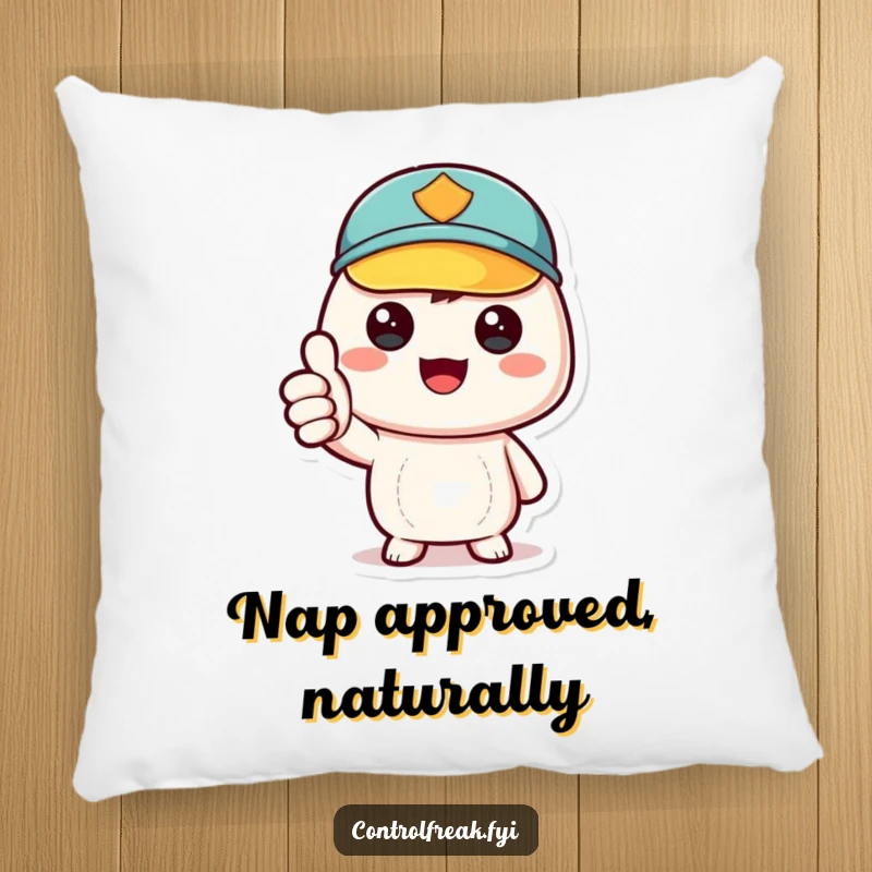Funny kawaii character giving a thumbs-up endorsement for order, soft decorative pillow for neat enthusiasts, comfortable and funny gift.