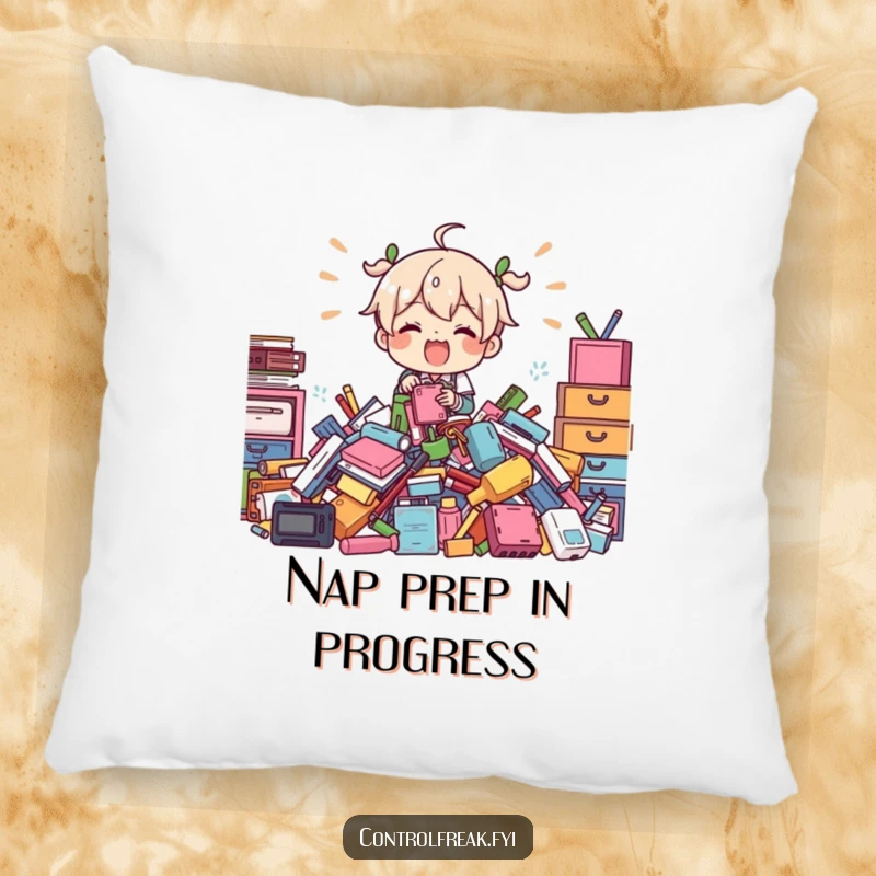 Funny Pillow: Character joyfully organizing a messy pile of objects, adding a touch of humor and comfort to any space.
