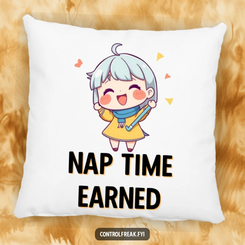 Funny pillow with a character joyfully checking off a list with a flourish, offering comfort and a humorous nod to organization.