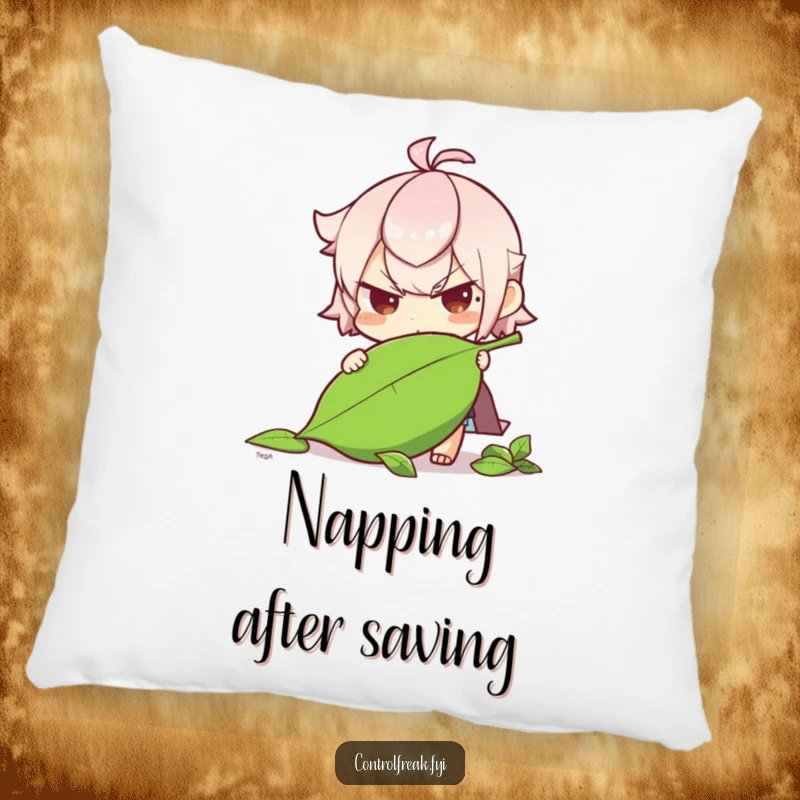 Funny character determinedly straightening a fallen leaf on this pillow, ideal for cozy nature appreciation.