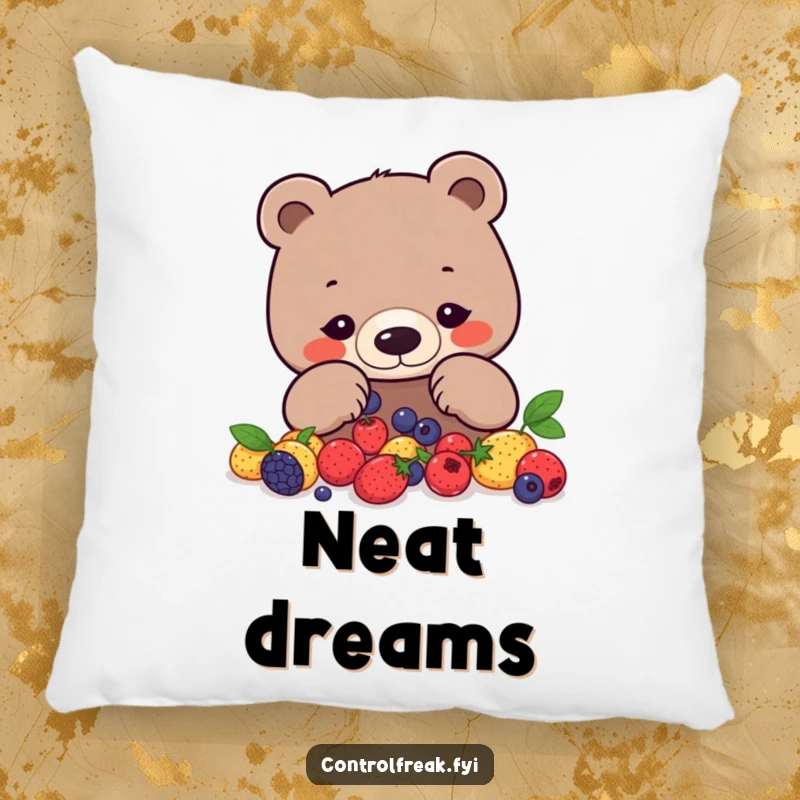 Funny bear pillow with a focused bear arranging berries into a precise geometric pattern, offering cozy order.