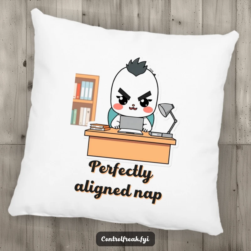 Funny character pillow with a soft texture and a design of a character looking stern but happy, overseeing a tidy desk, a comfortable and humorous decor item.