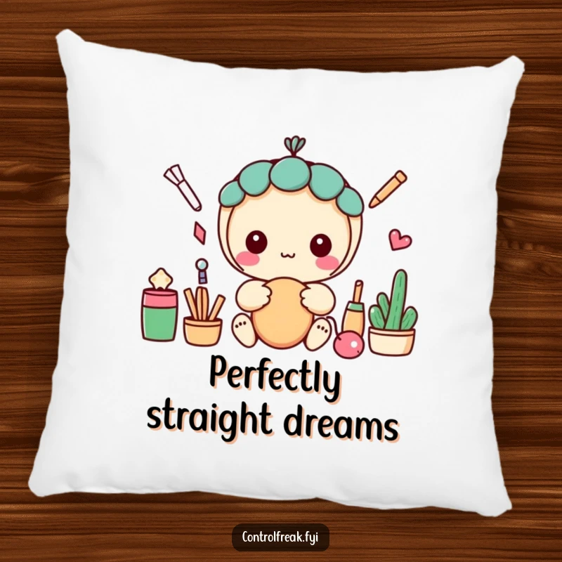 Funny decorative pillow with a kawaii character arranging objects in a perfectly straight line, offering humorous comfort and neatness.