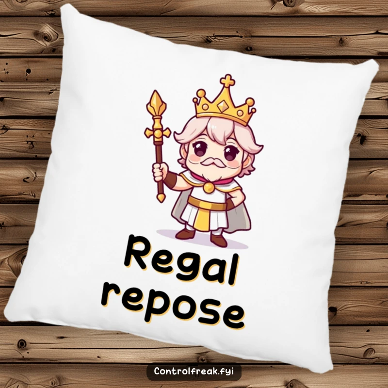 Funny pillow featuring a character with a tiny crown and scepter in a proud, regal pose, offering comfort with a humorous royal flair.