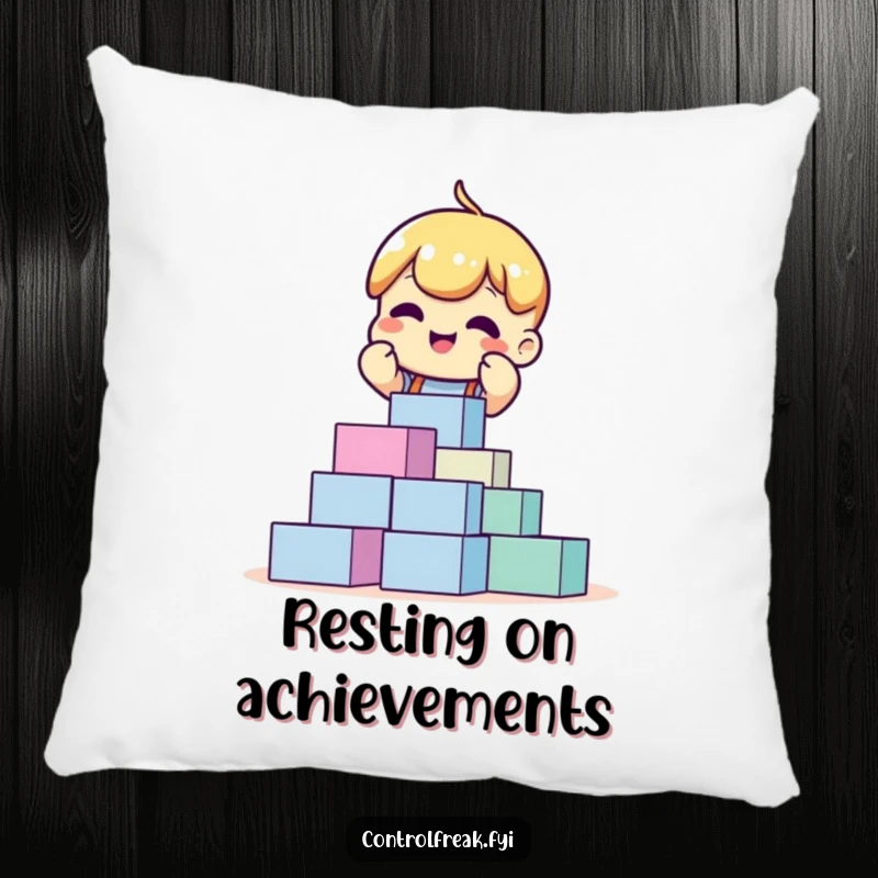 Funny pillow with an excited character perfectly stacking blocks, offering cozy comfort and a visual representation of neatness.