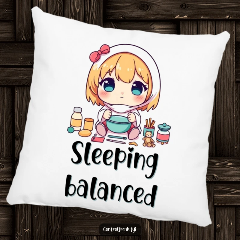 Funny pillow with a kawaii character carefully arranging items in a perfectly symmetrical pattern, providing comfortable and humorous decor.
