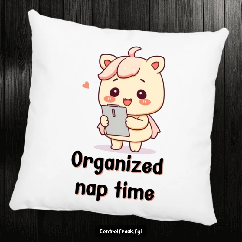 Funny Kawaii organizer pillow cozy and soft, smiling with a clipboard, bringing a sense of calm order.