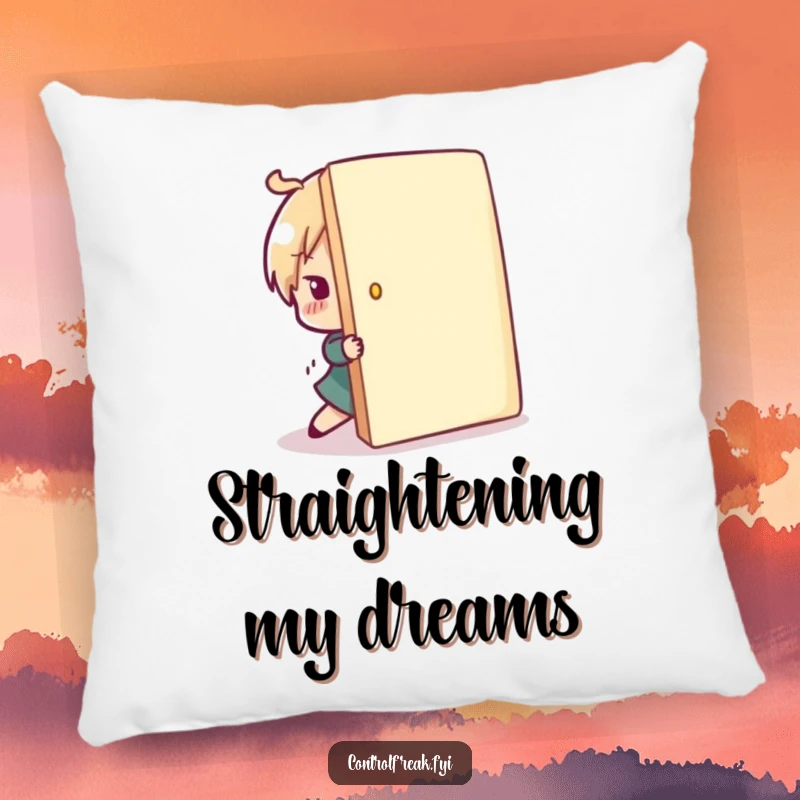 Funny character pillow with a soft texture and a design of a character playfully pushing a misplaced item back into line, a comfortable and humorous decor item.