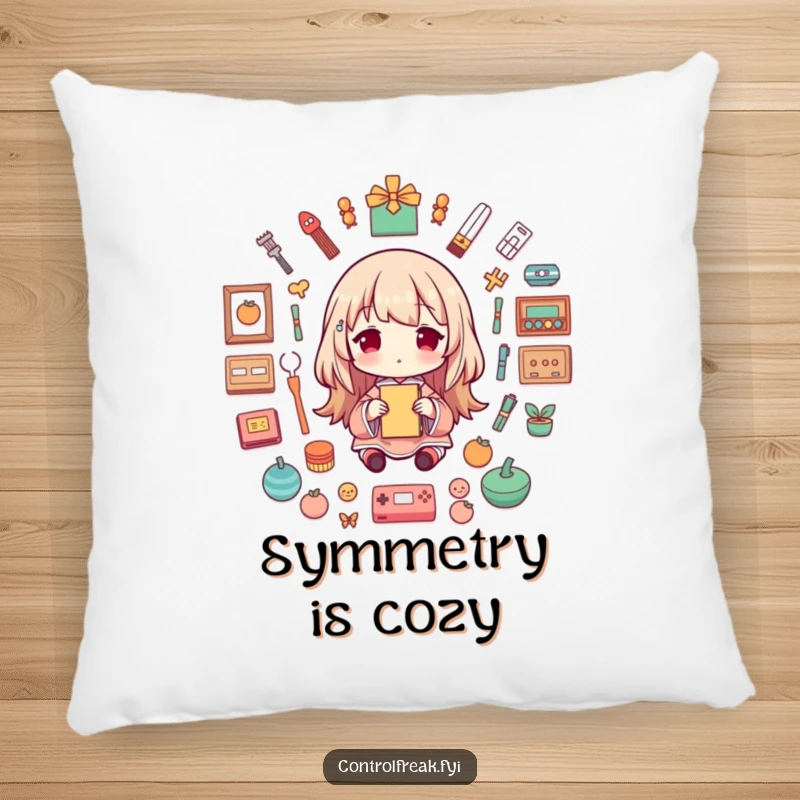 Funny Pillow featuring a character finding pure happiness in creating a perfectly symmetrical arrangement of objects, celebrating order.