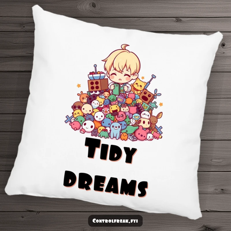 Funny pillow with a character tidying a chaotic pile of toys into perfect order, offering comfort and a humorous nod to neatness.