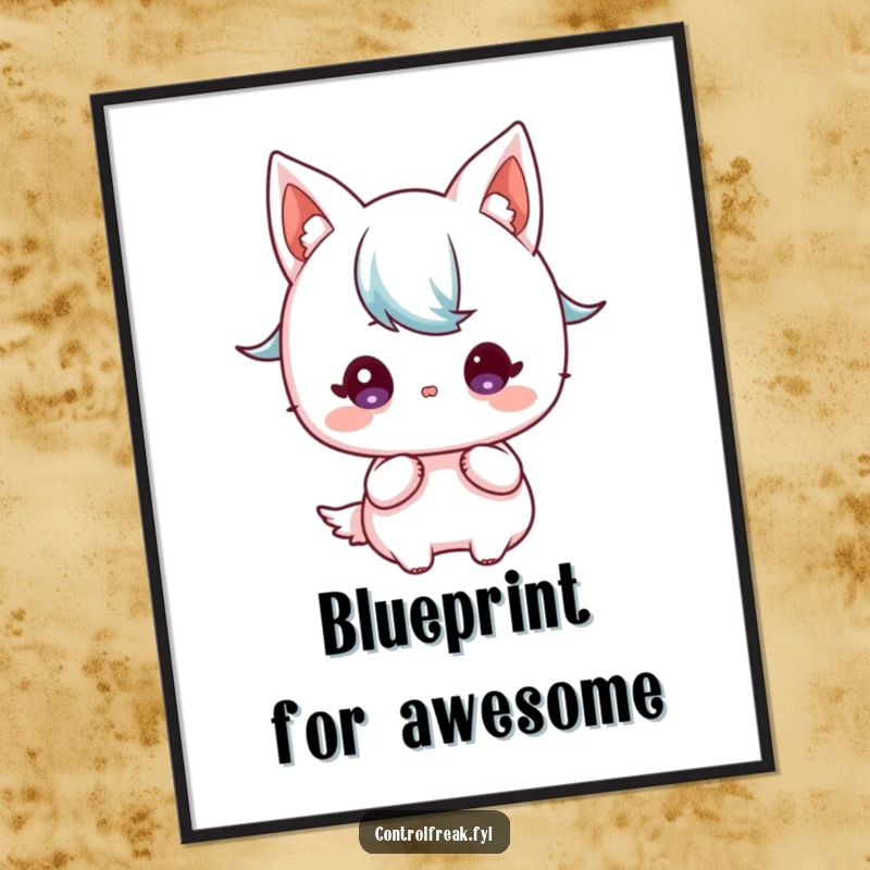 Funny Kawaii character digital art, focused gaze on a detailed blueprint, inspiring strategic decor.