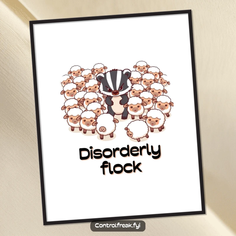 Funny Digital Art Print: A grumpy badger is hilariously trying to herd a flock of very disorganized, scattered sheep digitally.