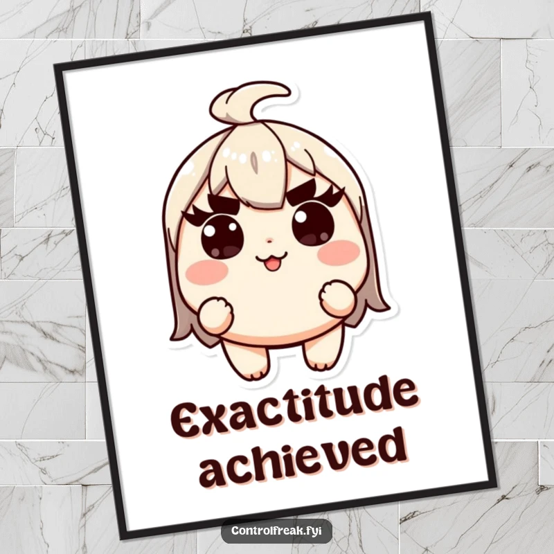 Funny Kawaii character digital art print, with raised eyebrows, embodying precision and high standards for decor.