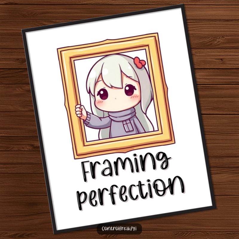 Funny digital art print of a character meticulously straightening a crooked picture frame, embodying organized bliss and humor.