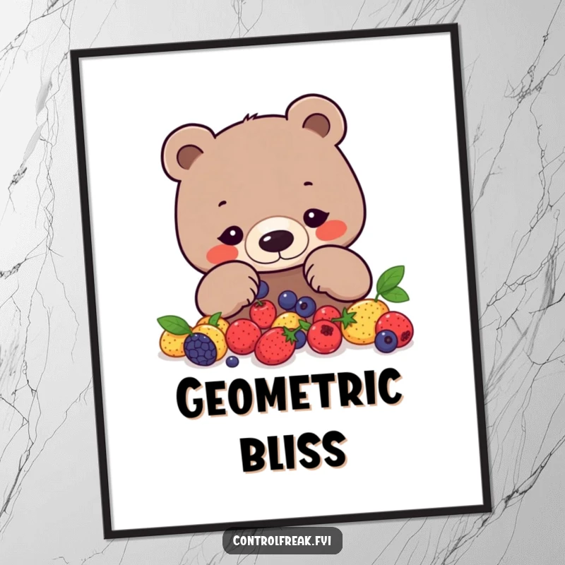 Funny bear digital art print of a focused bear arranging berries into a precise geometric pattern, perfect for organized decor.