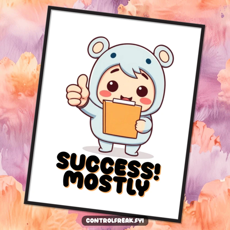 Funny Digital Art Print: Character with clipboard offers an enthusiastic thumbs-up, symbolizing the celebration of small tasks. Wall art funny gift.