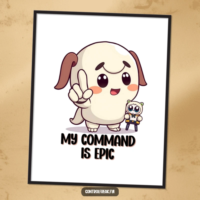 Funny digital art print showing a cartoon character pointing with dramatic emphasis, commanding a small toy, ideal for humorous wall art.