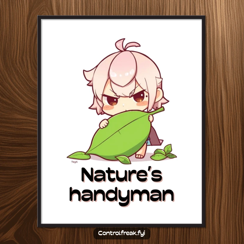 Funny character determinedly straightening a fallen leaf on this digital art, a heartwarming and humorous piece.