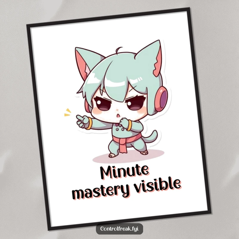 Funny digital art print of a character with exaggerated concentration, executing a tiny, precise movement, ideal for humorous wall decor, a great gift.