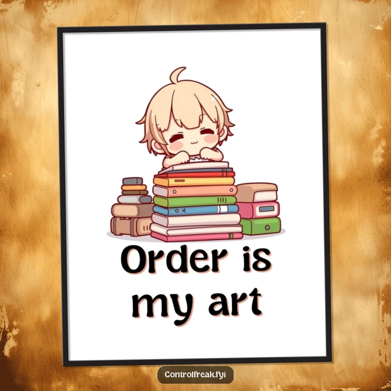 Funny digital art print of a character creating a perfectly stacked arrangement, embodying organized bliss and humor.