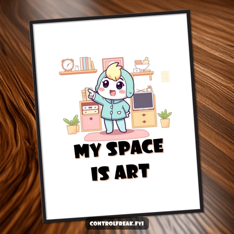 Funny digital art print of a character excitedly pointing at a newly organized space, embodying the thrill of tidiness.