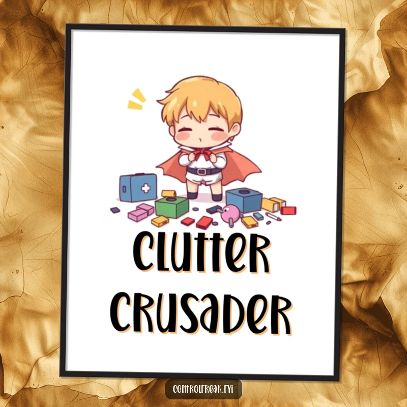 Funny character in a tiny cape comically organizing scattered items with exaggerated effort, a humorous digital art print.