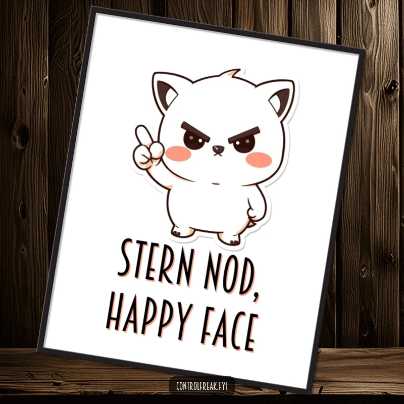 Funny digital art print of a kawaii character giving a stern but friendly nod, conveying approval with charming humor.