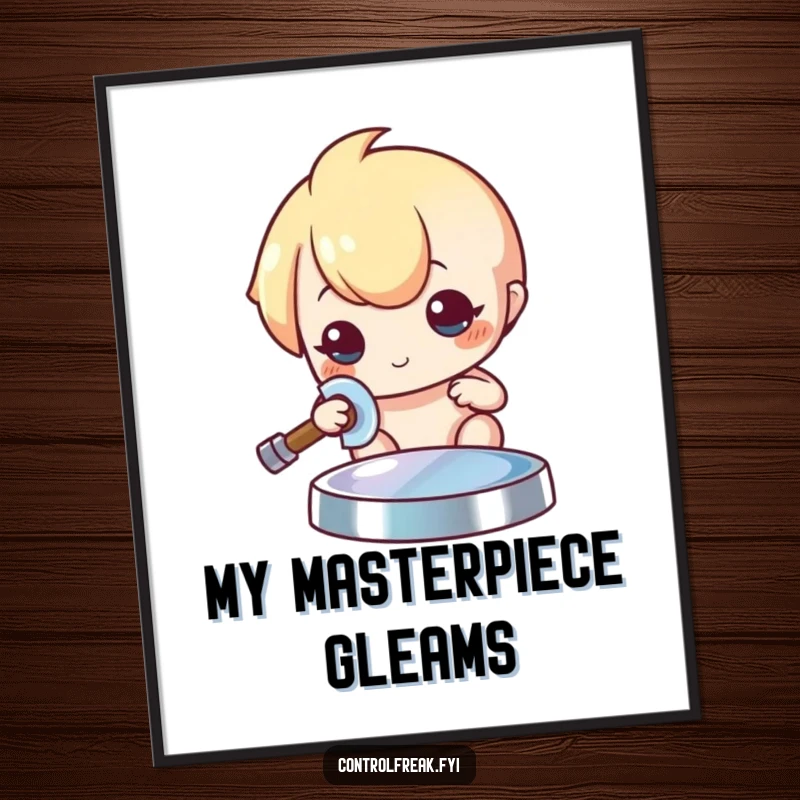 Funny Kawaii character digital art, meticulously polishing a shiny object to a brilliant sheen, inspiring decor.