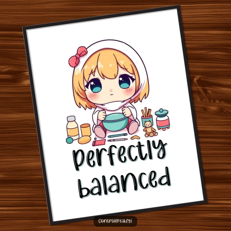 Funny digital art print of a kawaii character carefully arranging items in a perfectly symmetrical pattern, bringing orderly humor.