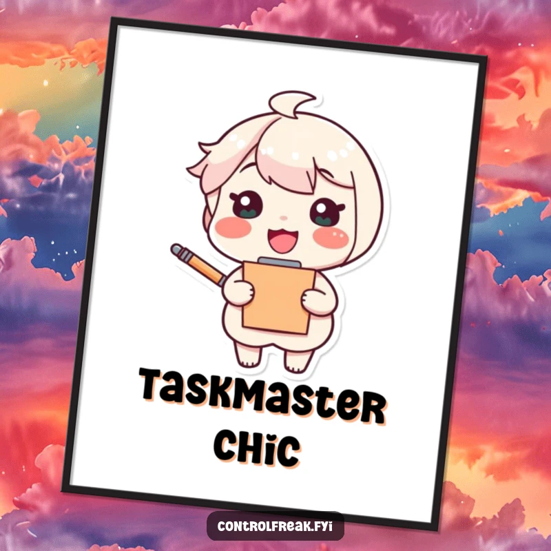 Funny digital art print featuring a cheerful cartoon character with a clipboard and pen, looking very pleased, ideal for humorous, organized decor.