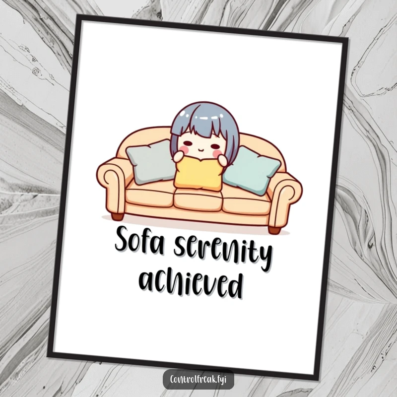 Funny cute character aligning sofa pillows, available as a downloadable digital art print for tidy decor.