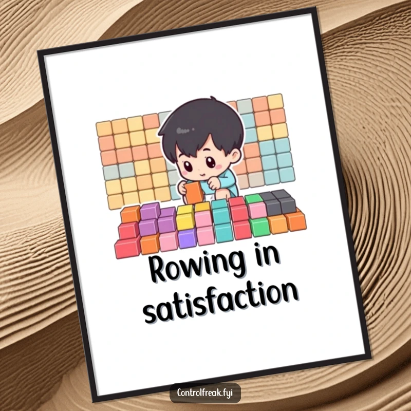 Funny Digital Art Print of a small character arranging colorful blocks into perfect rows, symbolizing order and precision with humor.