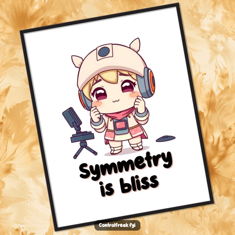 Funny digital art print featuring a character with a satisfied smirk, meticulously adjusting perfectly aligned items, ideal for humorous organizational decor.