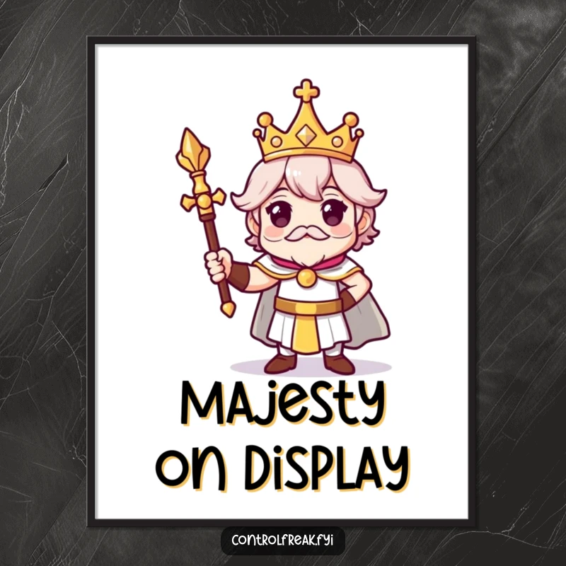 Funny digital art print featuring a character with a small crown and scepter in a proud, regal pose, ideal for humorous wall art.
