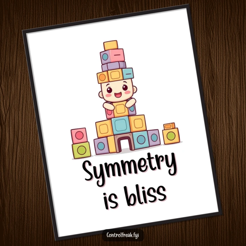Funny digital art print of a happy character building a perfectly symmetrical tower of blocks, for instant humorous decor.