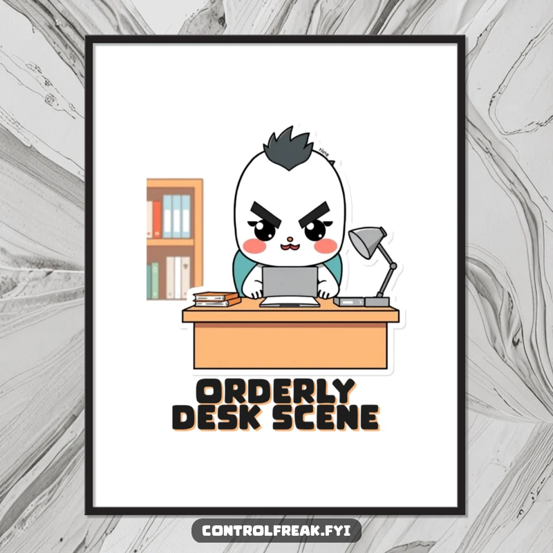 Funny character digital art print showcasing a stern but happy look while overseeing a tidy desk, a vibrant and humorous illustration.
