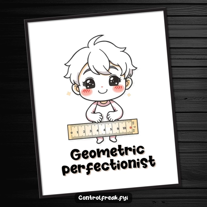 Funny Digital Art Print: Character smiling proudly while drawing precise lines with a ruler, a humorous and orderly artwork.