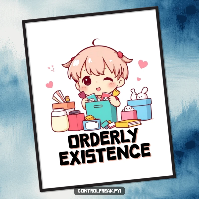 Funny Digital Art Print: Character happily sorting items into neat categories, a humorous and orderly artwork.