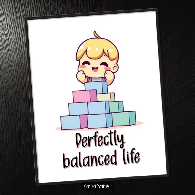 Funny digital art print of an excited character perfectly stacking blocks, adding a visually pleasing and orderly element to decor.