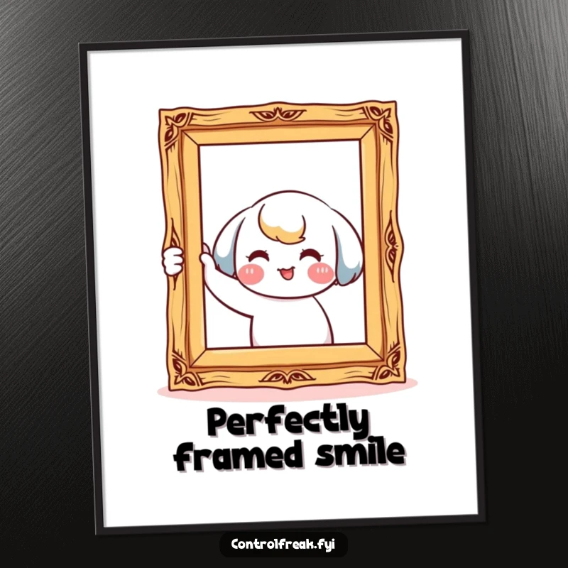Funny digital art print of a kawaii character smiling while meticulously straightening a crooked picture frame, bringing orderly humor.